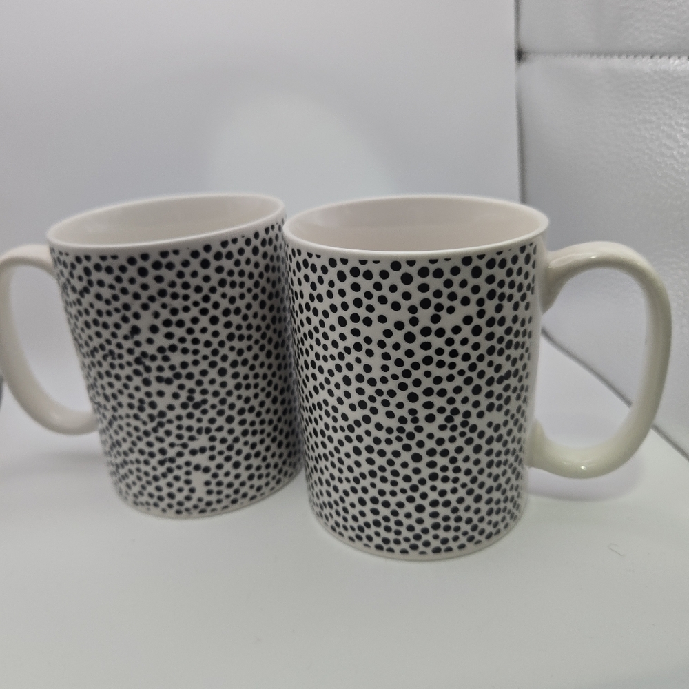✨ Modern Black & White Polka Dot Textured Ceramic Mug Set (2) | 14 oz ✨